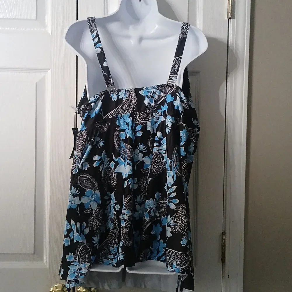 Aqua Eve black blue floral  tropical print tankini top  Sz 22W NWT